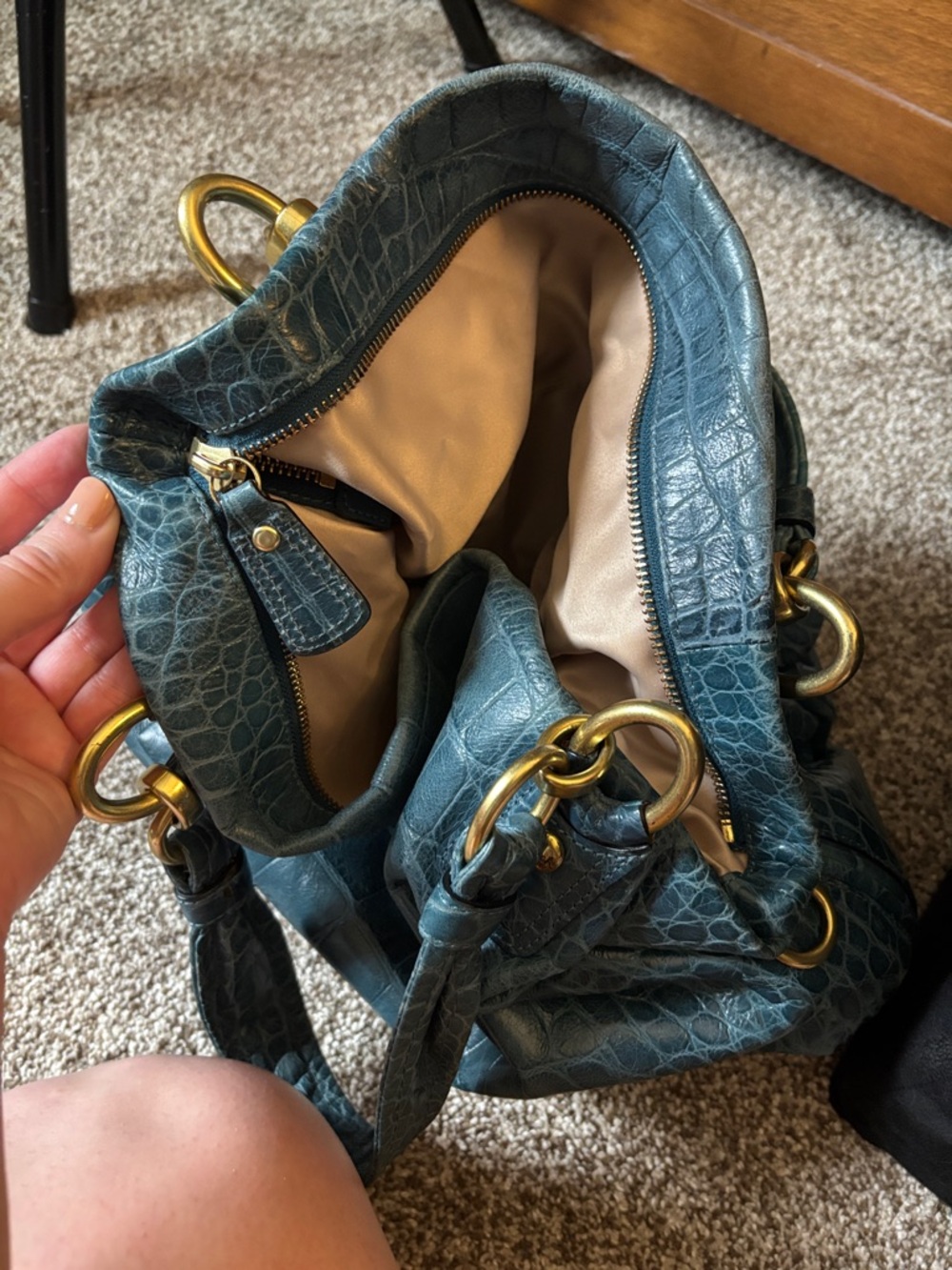 Teal Croc-Embossed Leather Tote Bag with Gold Hardware - Picture 16 of 16